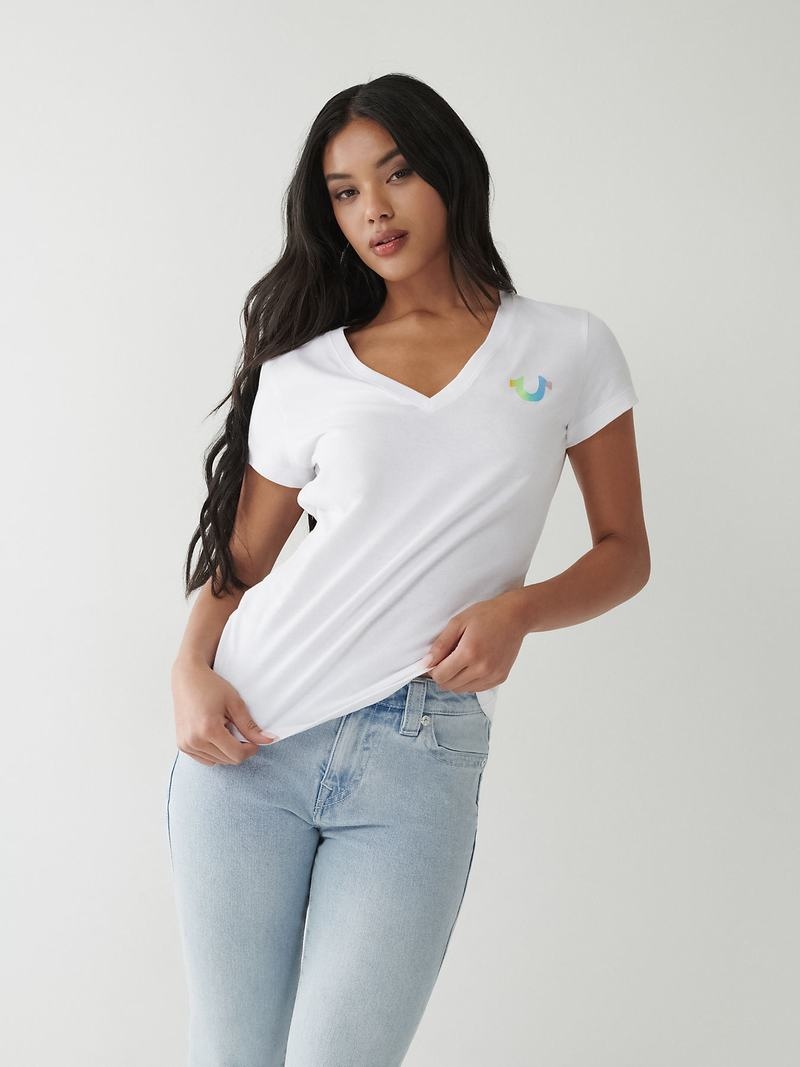 True Religion Rainbow Logo V T-Shirts Damen Weiß | 78149YMGN