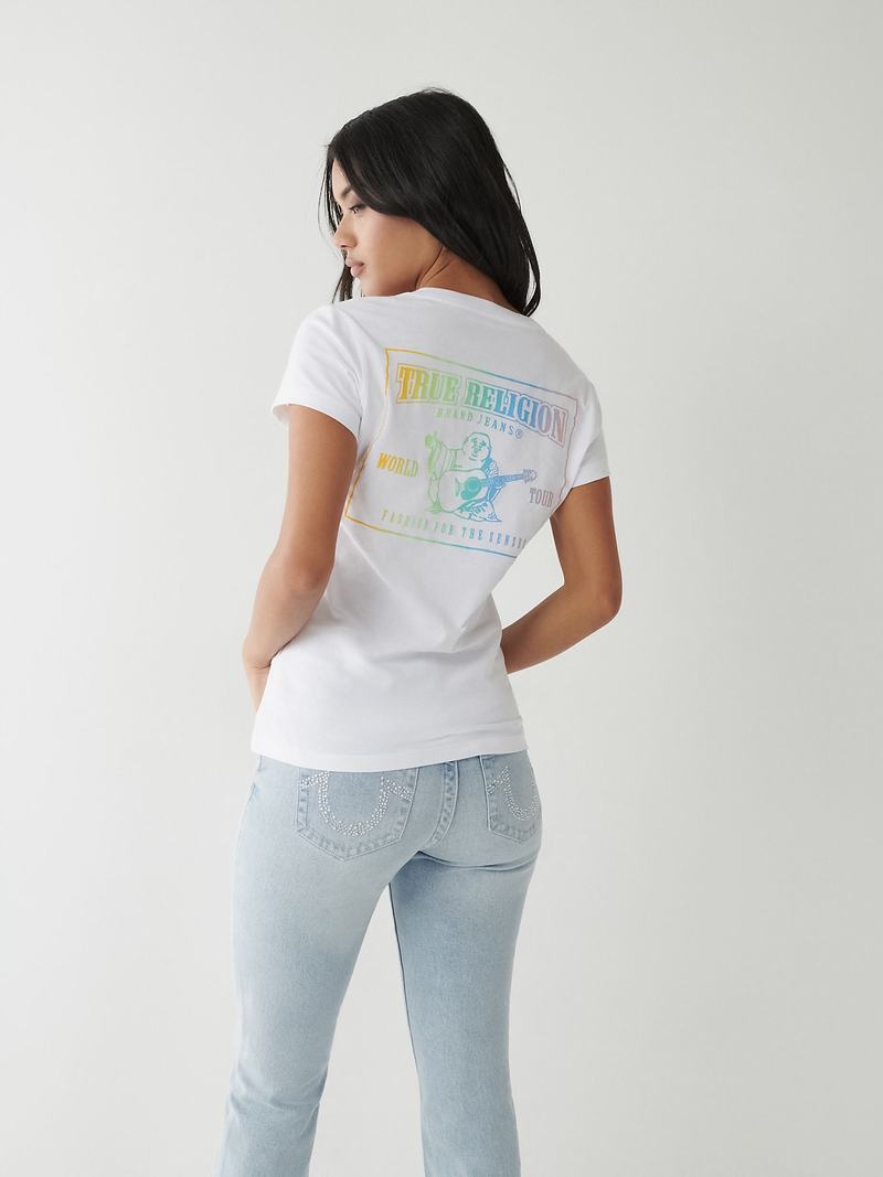 True Religion Rainbow Logo V T-Shirts Damen Weiß | 78149YMGN