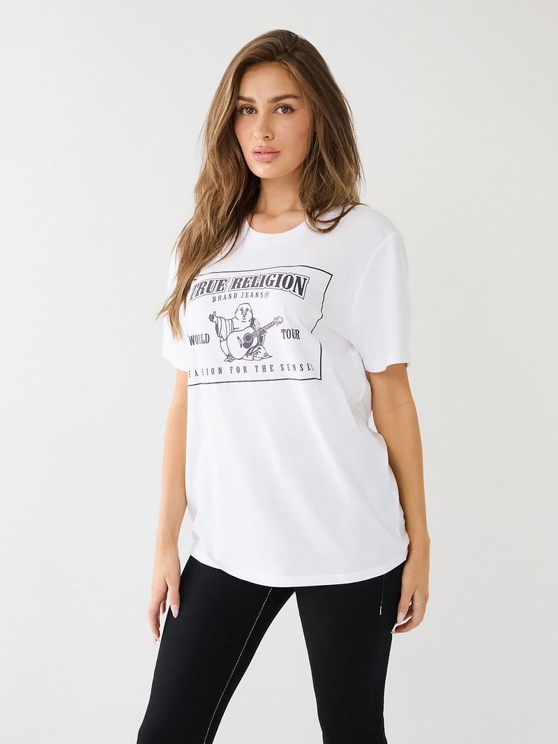 True Religion Reflective Buddha Logo Boyfriend T-Shirts Damen Weiß | 59782LFSO