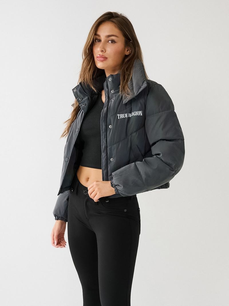 True Religion Reflective Crop Puffer Jacke Damen Schwarz | 46139HZGS