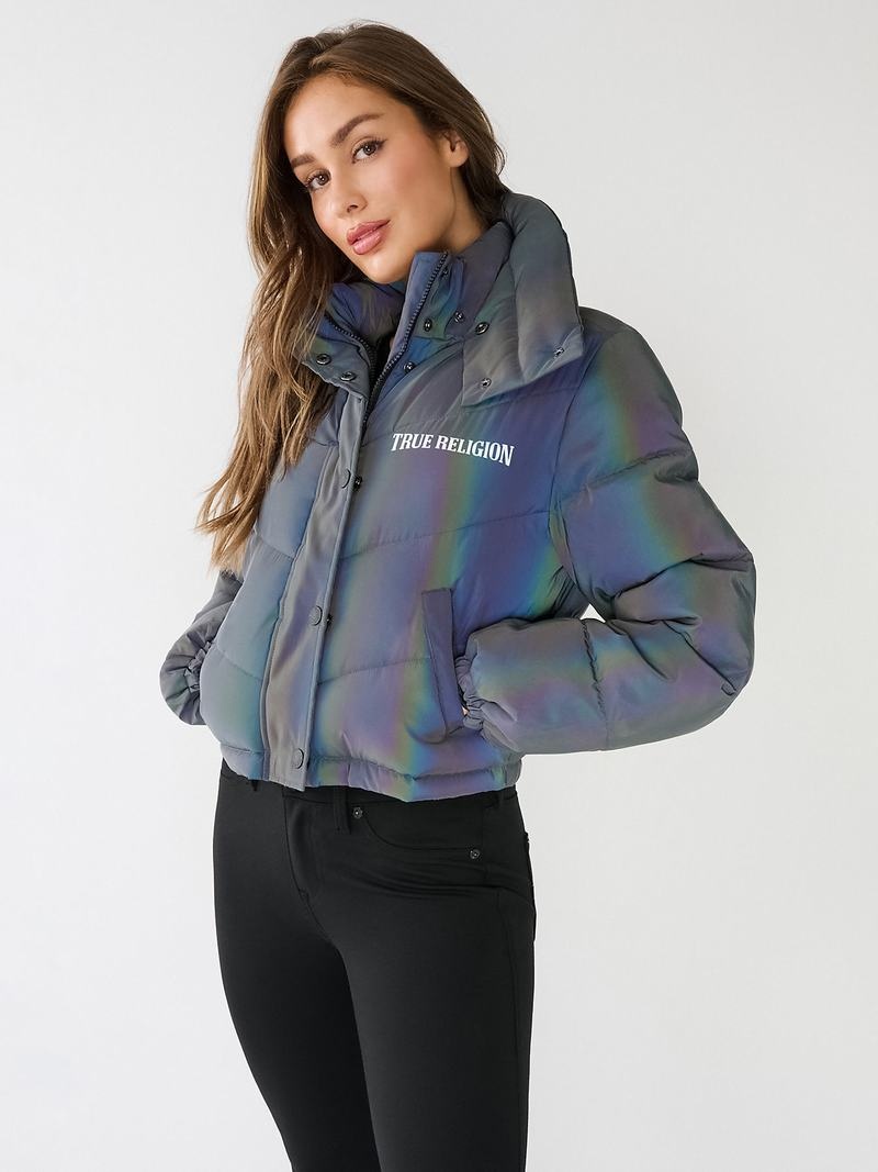 True Religion Reflective Crop Puffer Jacke Damen Schwarz | 46139HZGS