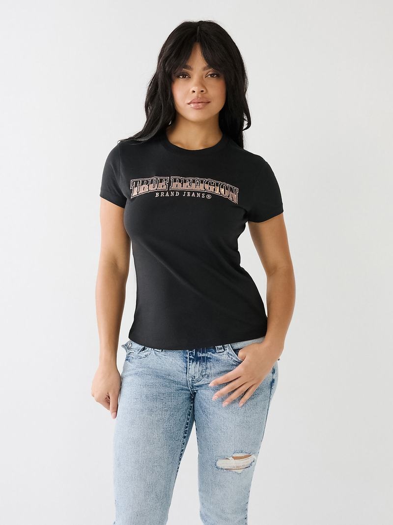 True Religion Sequin Arched Logo Slim T-Shirts Damen Schwarz | 34052RZBV