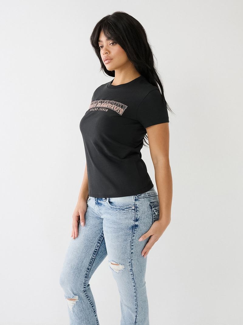 True Religion Sequin Arched Logo Slim T-Shirts Damen Schwarz | 34052RZBV