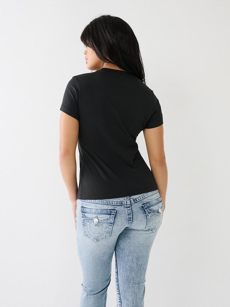 True Religion Sequin Arched Logo Slim T-Shirts Damen Schwarz | 34052RZBV