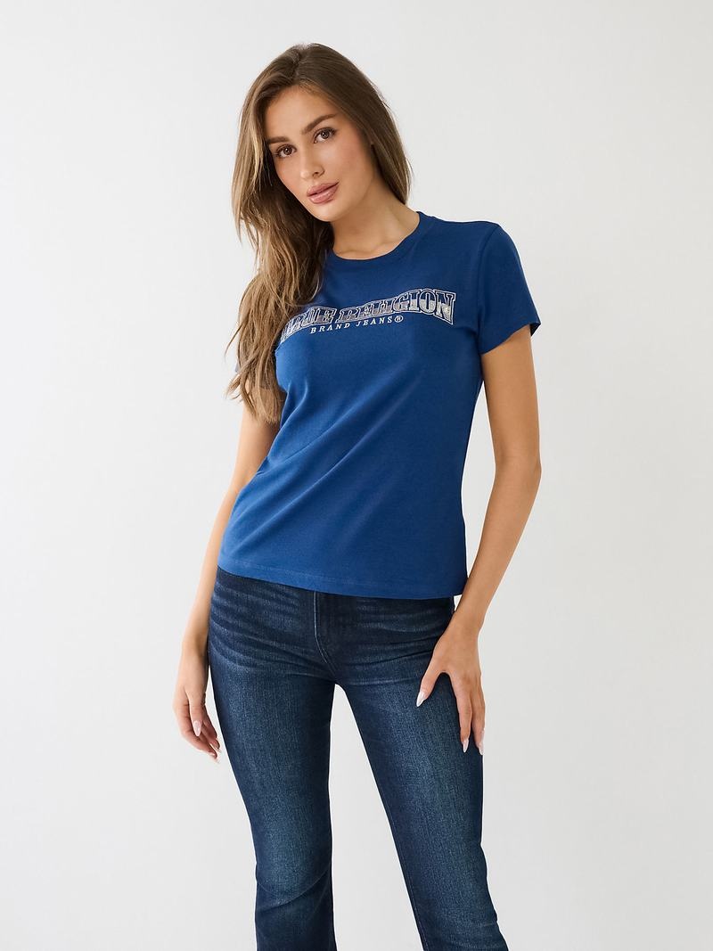 True Religion Sequin Arched Logo Slim T-Shirts Damen Blau | 54736BGKC