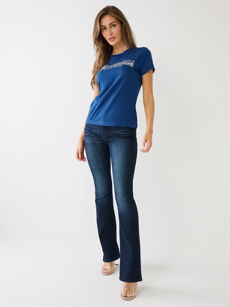 True Religion Sequin Arched Logo Slim T-Shirts Damen Blau | 54736BGKC