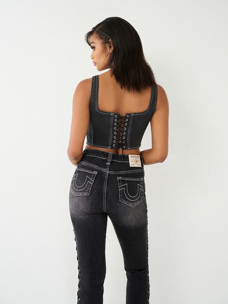 True Religion Spitze Up Denim Corset Oberteile Damen Schwarz | 57368WHTZ