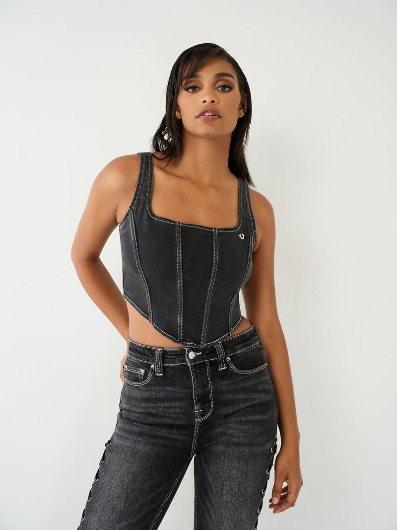 True Religion Spitze Up Denim Corset Oberteile Damen Schwarz | 57368WHTZ