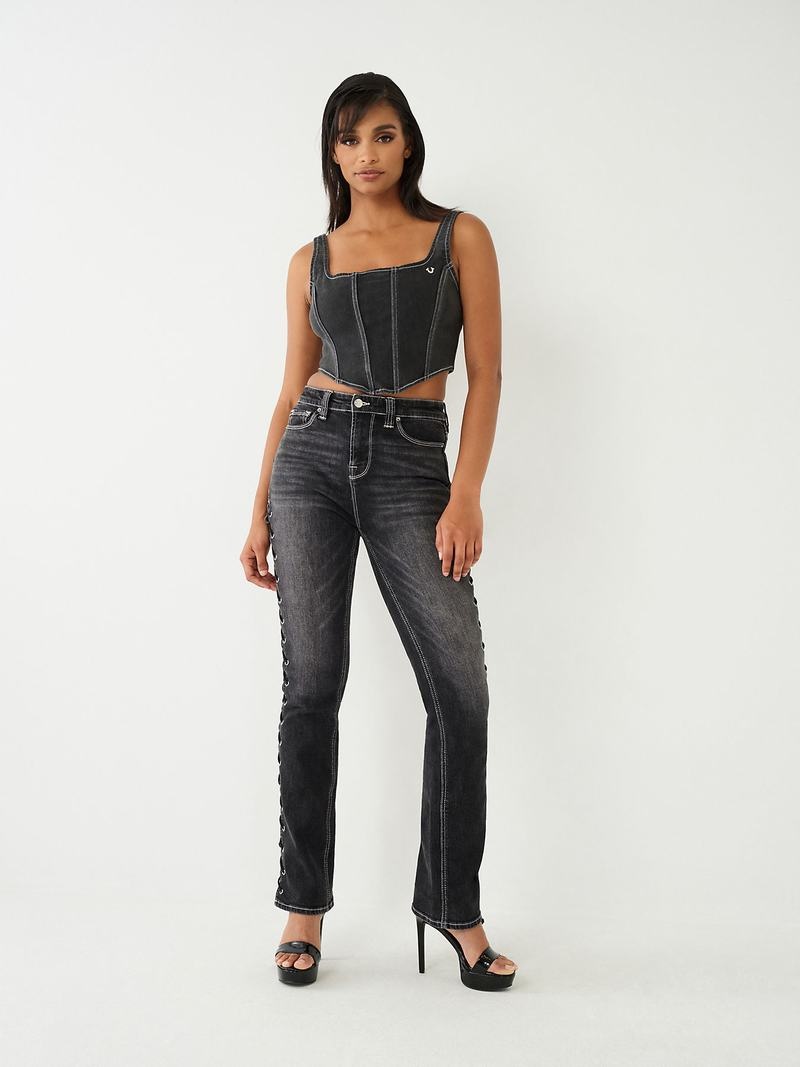 True Religion Spitze Up Denim Corset Oberteile Damen Schwarz | 57368WHTZ