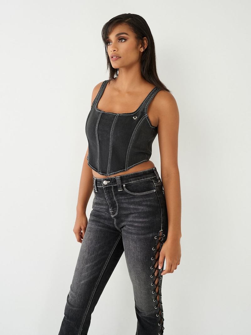 True Religion Spitze Up Denim Corset Oberteile Damen Schwarz | 57368WHTZ