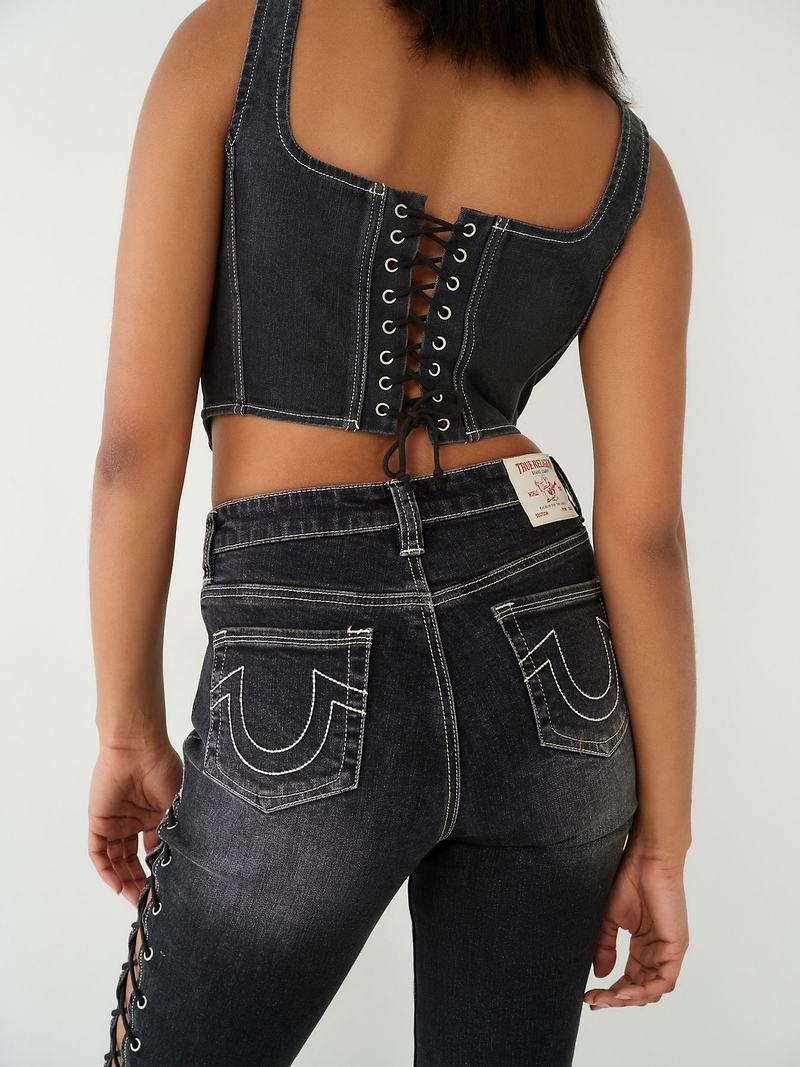 True Religion Spitze Up Denim Corset Oberteile Damen Schwarz | 57368WHTZ