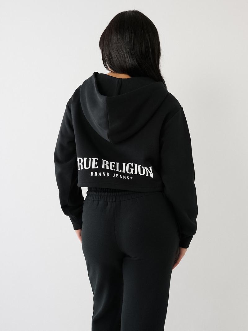 True Religion Spitze Up Logo Crop Hoodie Damen Schwarz | 81750MZFW