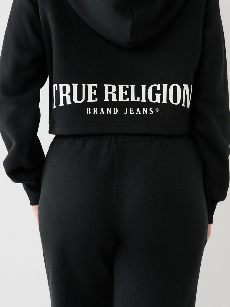 True Religion Spitze Up Logo Crop Hoodie Damen Schwarz | 81750MZFW