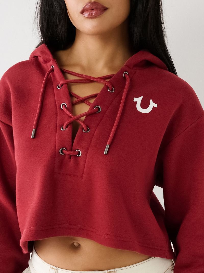 True Religion Spitze Up Logo Crop Hoodie Damen Rot | 09752VKEX