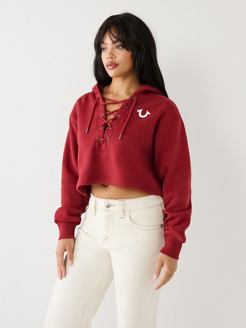 True Religion Spitze Up Logo Crop Hoodie Damen Rot | 09752VKEX