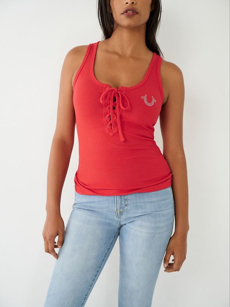 True Religion Spitze Up Studded Logo Tanktop Damen Rot | 89413MCRD