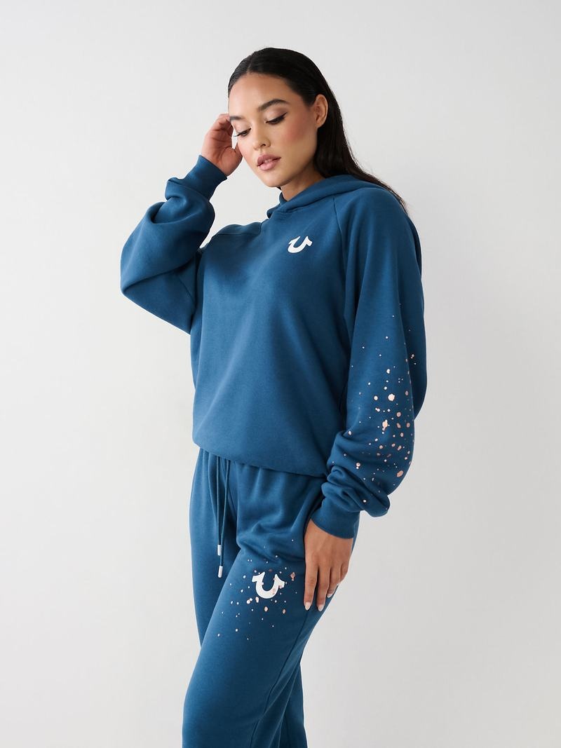 True Religion Splatter Paint Logo Relaxed Hoodie Damen Blau | 41508NHLW