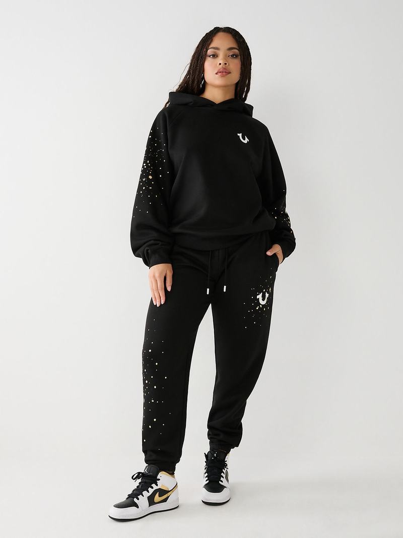 True Religion Splatter Paint Logo Relaxed Jogginghose Damen Schwarz | 71685WOVP