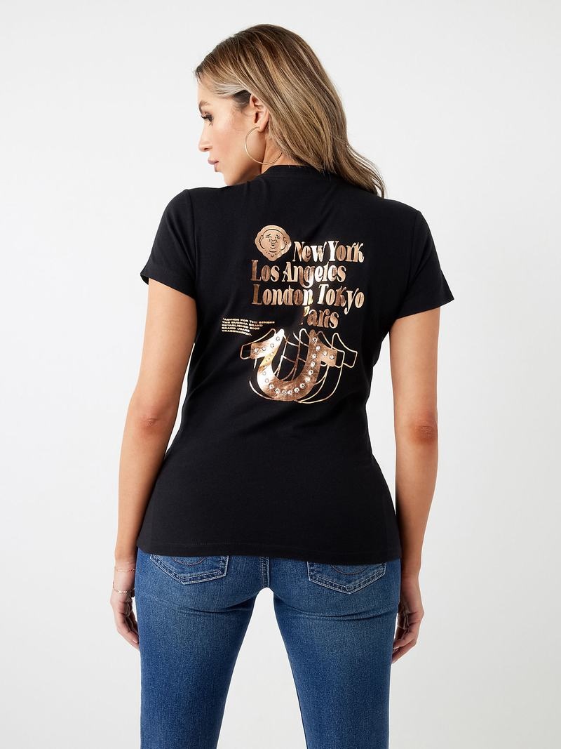 True Religion Stud Location Graphic T-Shirts Damen Schwarz | 60921GEFA