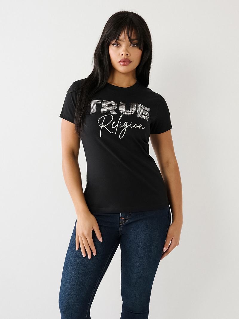 True Religion Studded Logo T-Shirts Damen Schwarz | 80749SMLZ