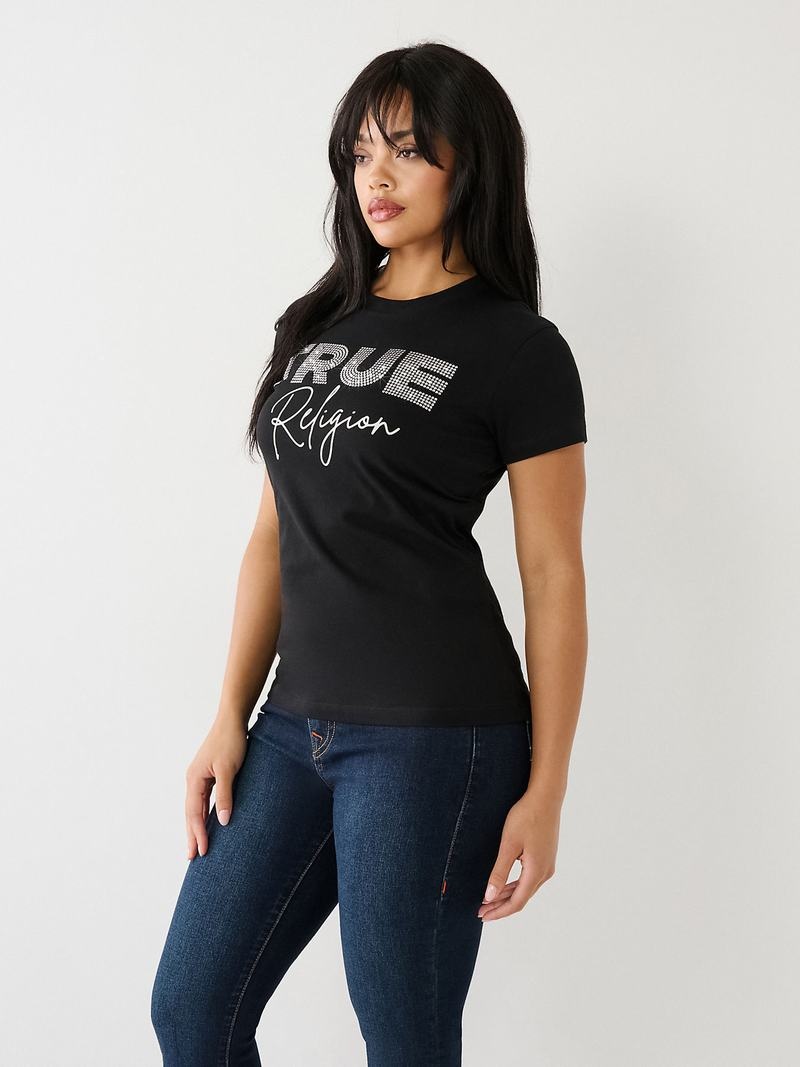 True Religion Studded Logo T-Shirts Damen Schwarz | 80749SMLZ