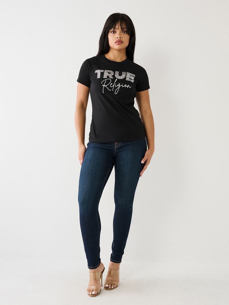 True Religion Studded Logo T-Shirts Damen Schwarz | 80749SMLZ