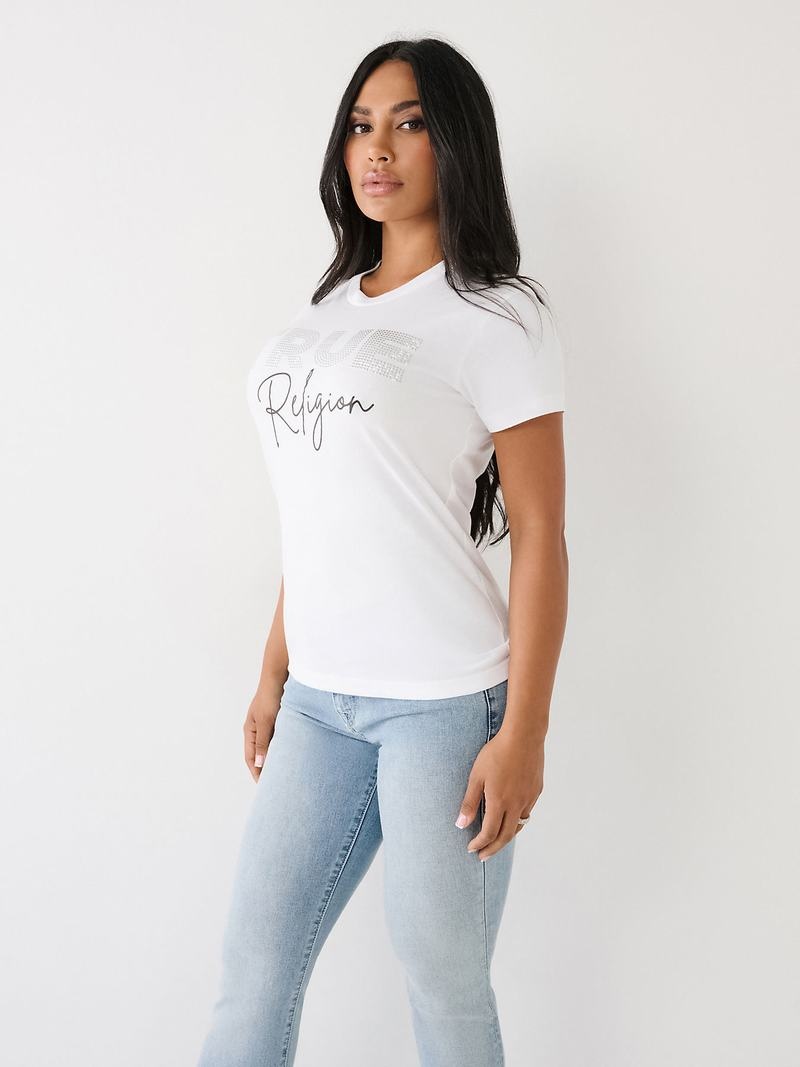 True Religion Studded Logo T-Shirts Damen Weiß | 41583EOWU