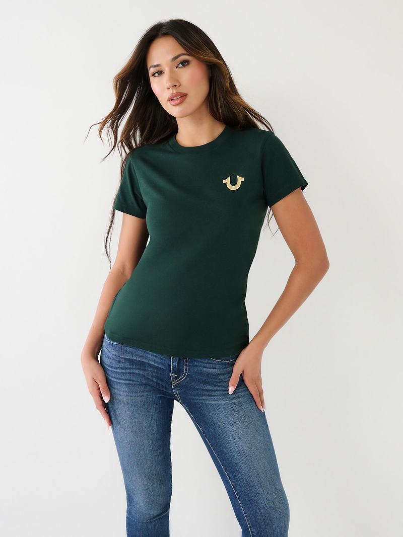 True Religion Studded Logo T-Shirts Damen Dunkelgrün | 83602LHUO