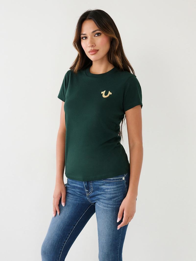 True Religion Studded Logo T-Shirts Damen Dunkelgrün | 83602LHUO