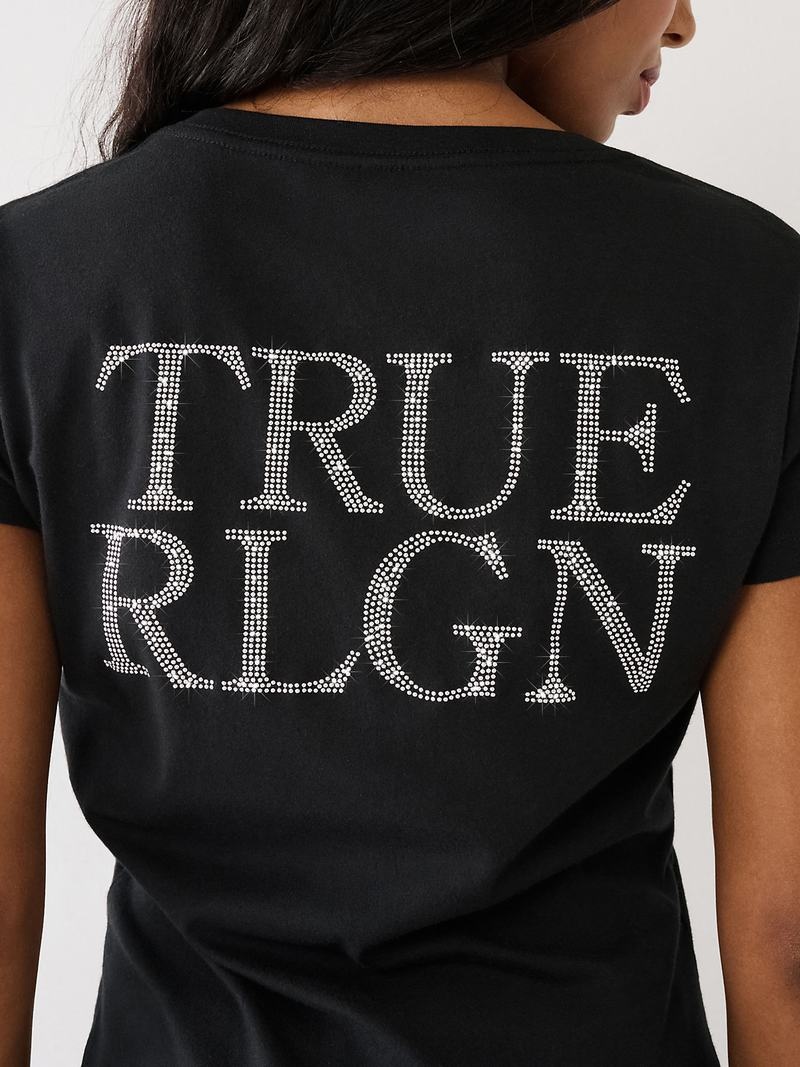 True Religion Studded Logo V T-Shirts Damen Schwarz | 45236ZQJC