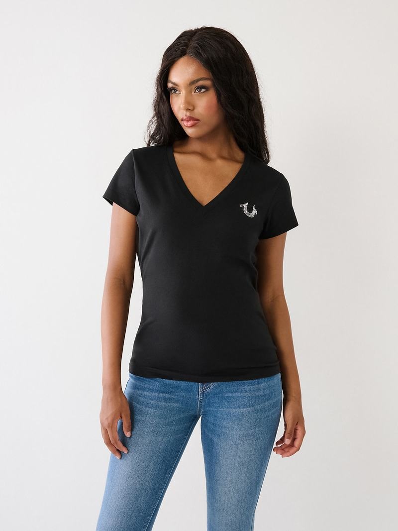 True Religion Studded Logo V T-Shirts Damen Schwarz | 45236ZQJC