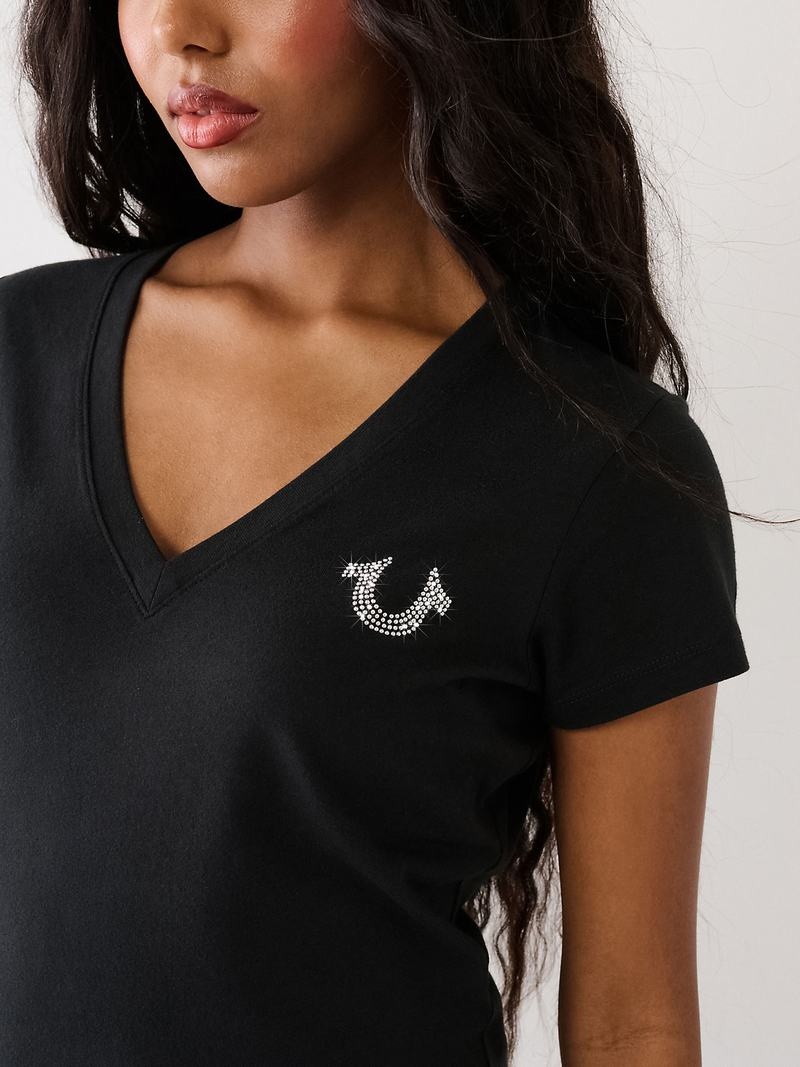 True Religion Studded Logo V T-Shirts Damen Schwarz | 45236ZQJC