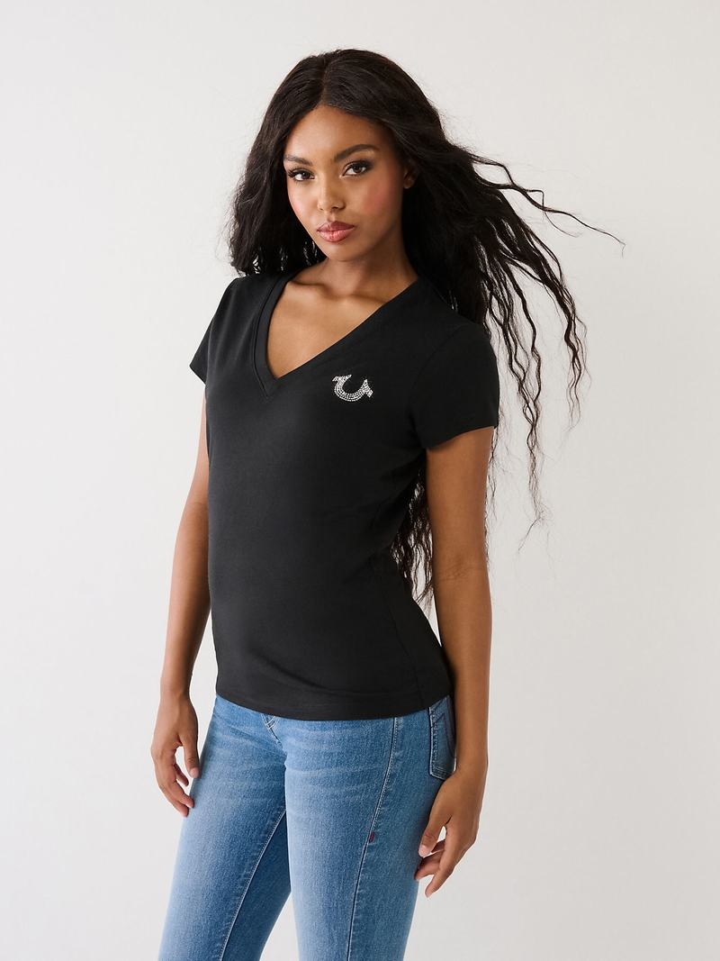 True Religion Studded Logo V T-Shirts Damen Schwarz | 45236ZQJC