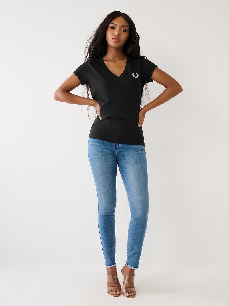 True Religion Studded Logo V T-Shirts Damen Schwarz | 45236ZQJC