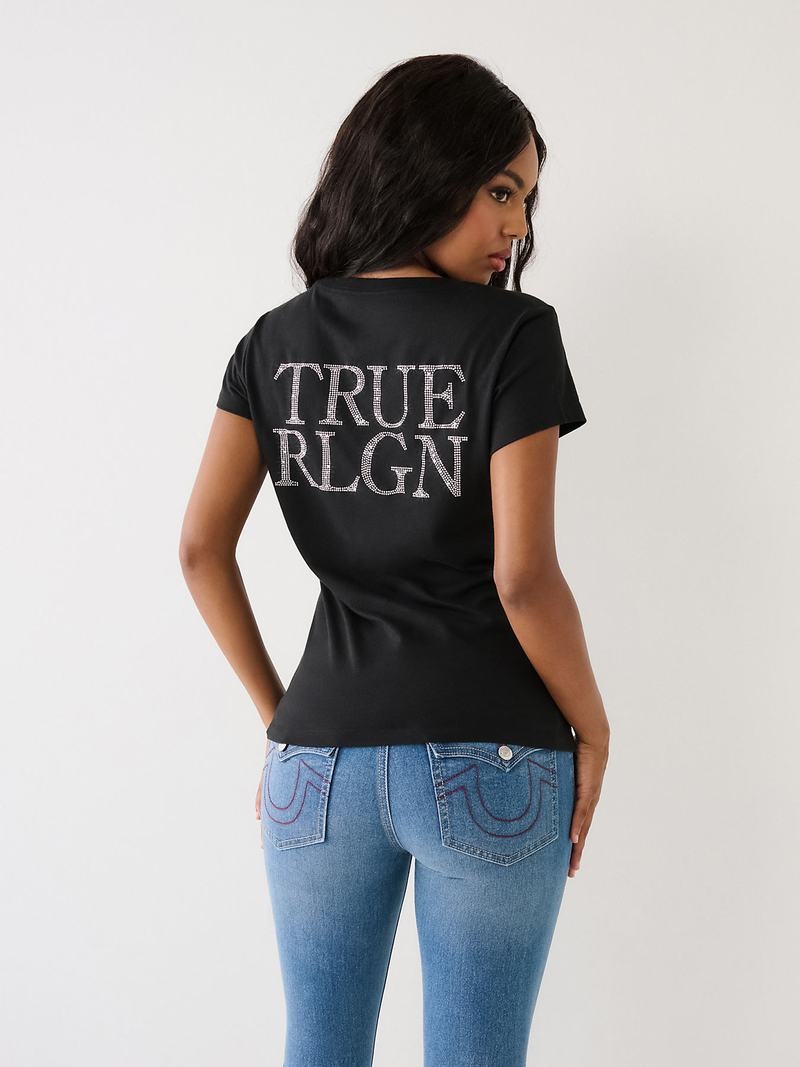 True Religion Studded Logo V T-Shirts Damen Schwarz | 45236ZQJC