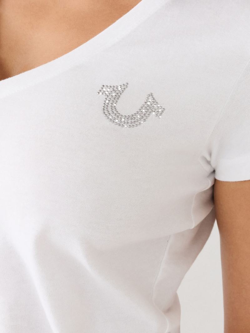 True Religion Studded Logo V T-Shirts Damen Weiß | 25073BZHR