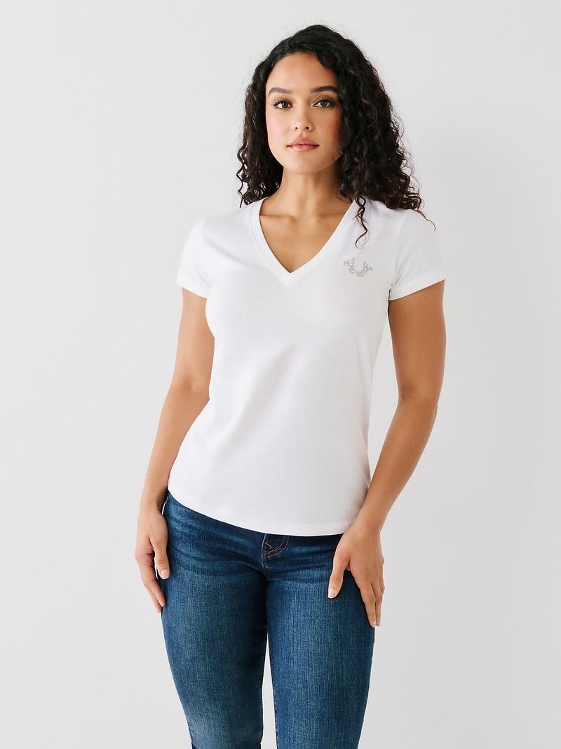 True Religion Studded Logo V T-Shirts Damen Weiß | 25073BZHR