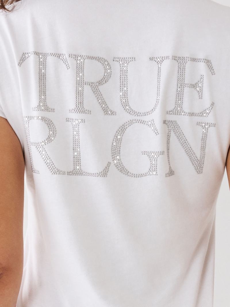 True Religion Studded Logo V T-Shirts Damen Weiß | 25073BZHR