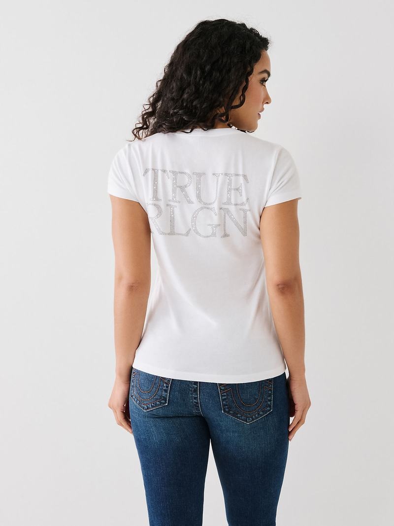 True Religion Studded Logo V T-Shirts Damen Weiß | 25073BZHR