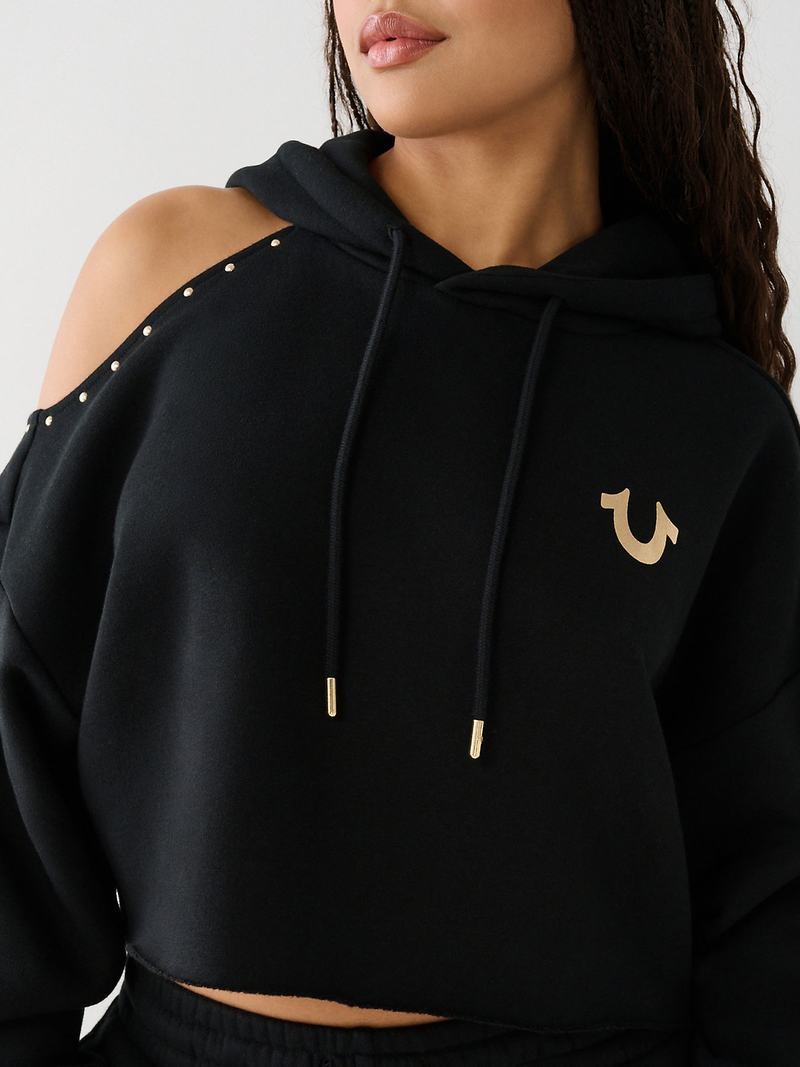 True Religion Studded Off Shoulder Crop Hoodie Damen Schwarz | 21748CDHT