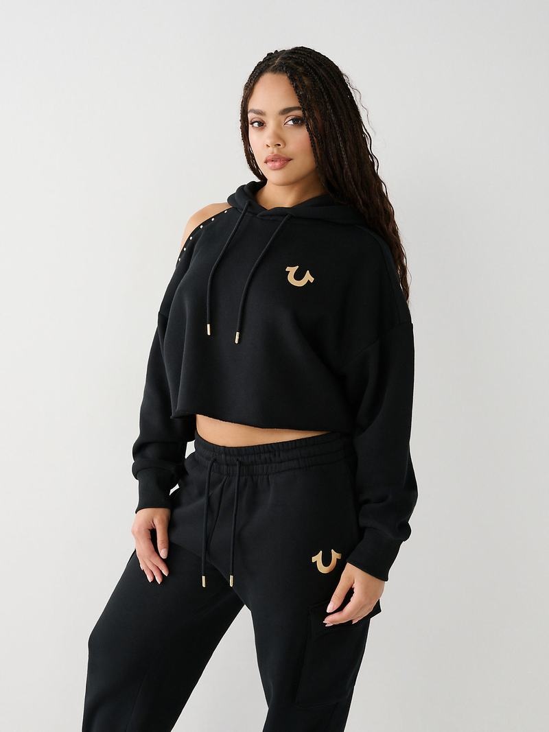 True Religion Studded Off Shoulder Crop Hoodie Damen Schwarz | 21748CDHT