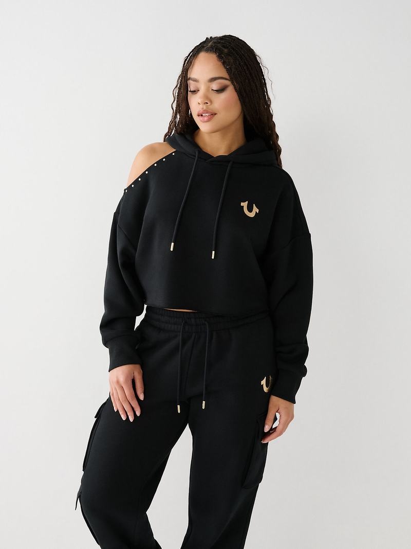 True Religion Studded Off Shoulder Crop Hoodie Damen Schwarz | 21748CDHT