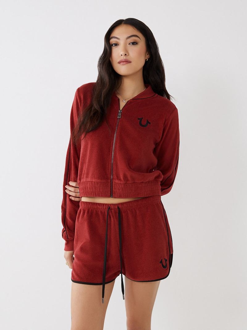 True Religion Terry Zip Sweatshirt Damen Rot | 87342OPAQ