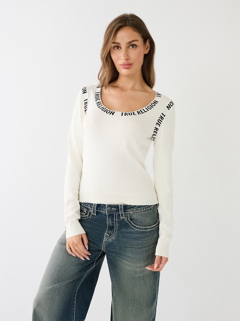 True Religion Tr Logo Trim Scoop Pullover Damen Weiß | 71905QESJ