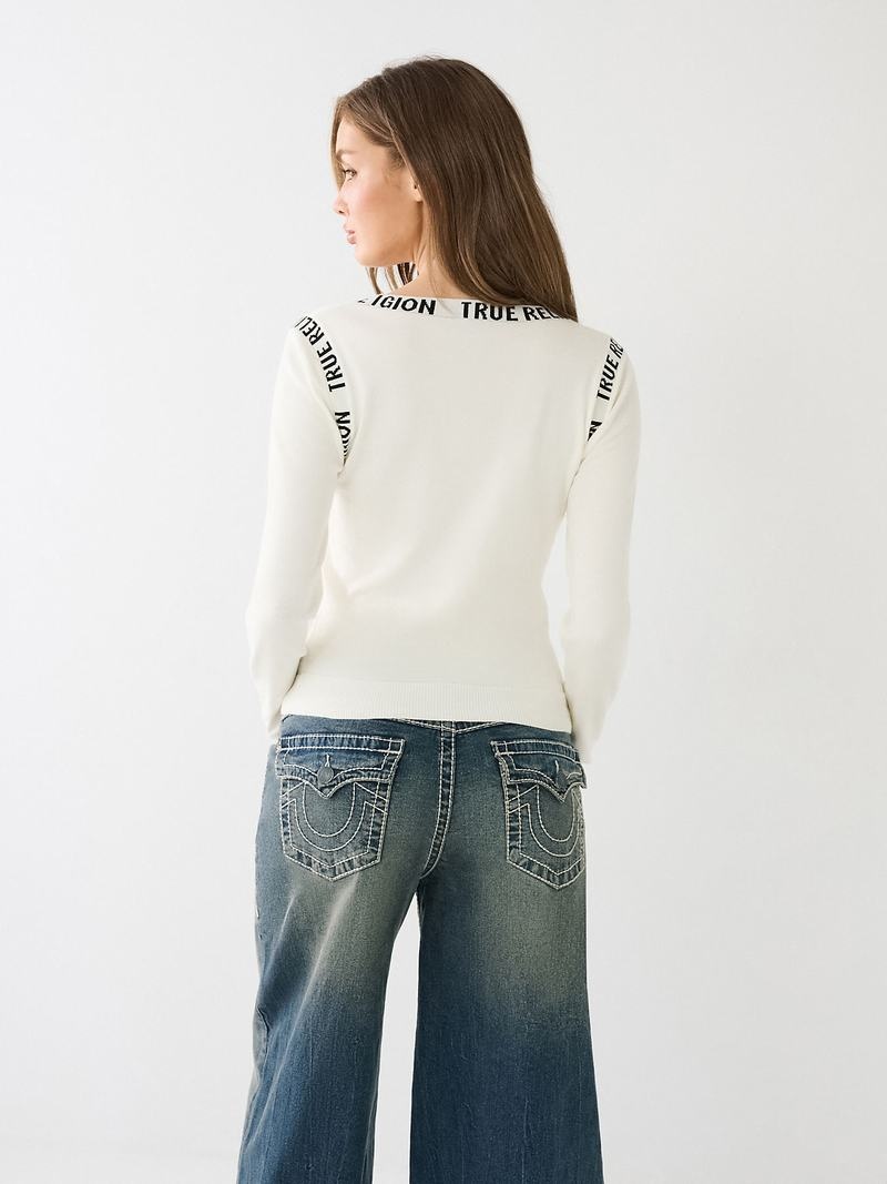 True Religion Tr Logo Trim Scoop Pullover Damen Weiß | 71905QESJ