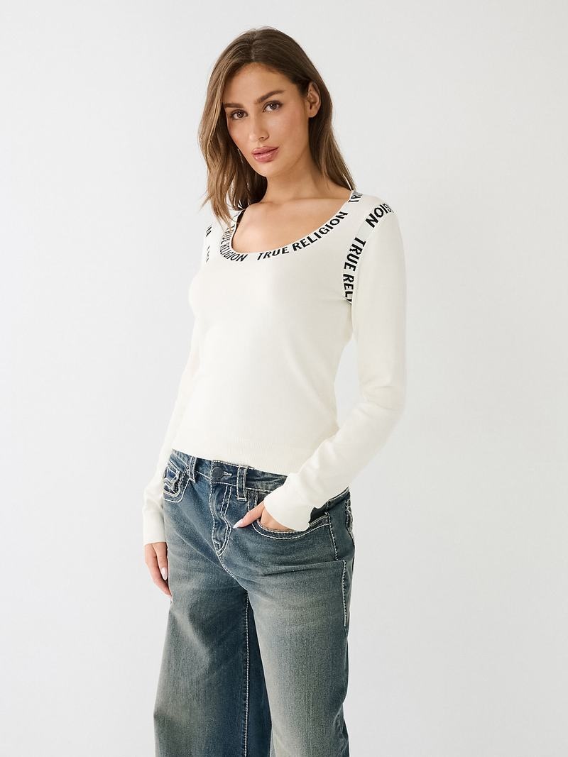 True Religion Tr Logo Trim Scoop Pullover Damen Weiß | 71905QESJ