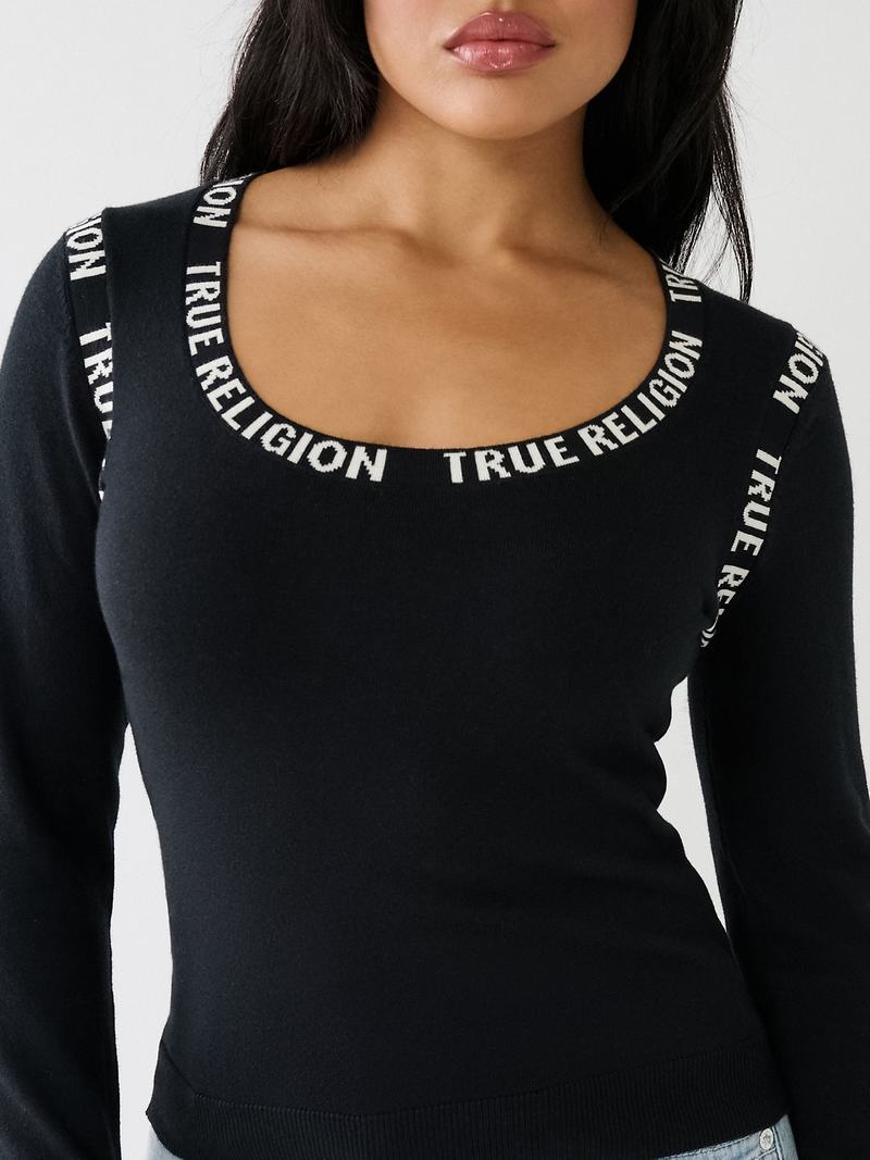 True Religion Tr Logo Trim Scoop Pullover Damen Schwarz | 07219LCEP