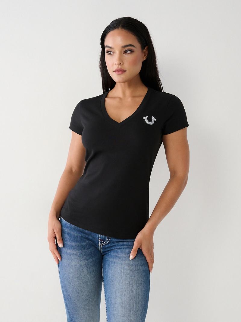 True Religion True Crystal V T-Shirts Damen Schwarz | 67394FLWA