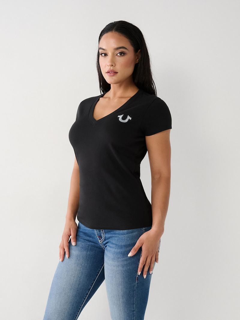 True Religion True Crystal V T-Shirts Damen Schwarz | 67394FLWA