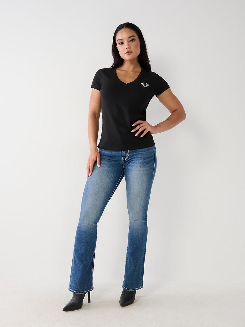 True Religion True Crystal V T-Shirts Damen Schwarz | 67394FLWA